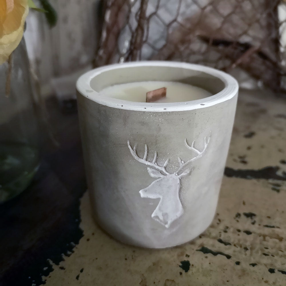 Medium Pot Wooden Wick Stag Head Concrete Candle - Whiskey & Woodsmoke