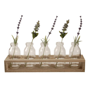 Wooden Tray with Five Clear Glass Bottles