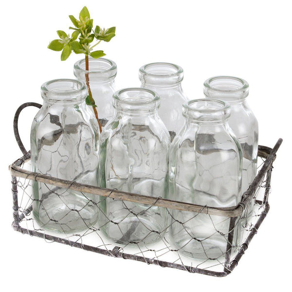 Wire Basket with Six Mini Old-School Bottles